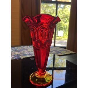 Vintage LE Smith Moon & Star Amberina Glass 6.5" Vase Red Orange Ruffled Footed